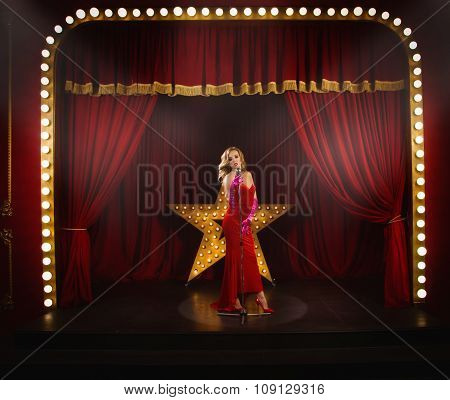 Retro Singer Sing Holding Vintage Microphone