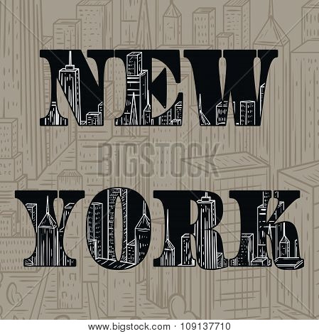 New York. Vintage hand drawn city landscape. Vector illustration in line art style