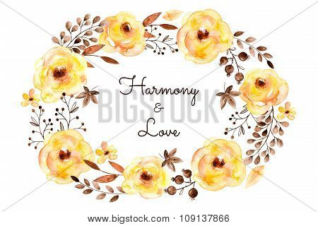 Ready-made beautiful card of yellow flowers and leaves