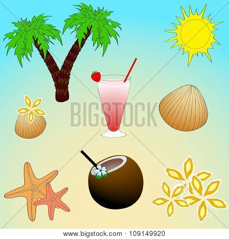 Relax on the beach . Set of isolated objects.