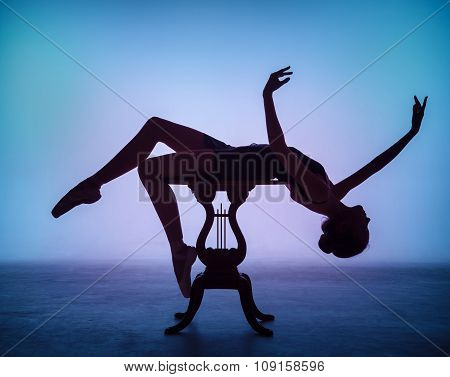 The silhouette of young ballerina on the wooden table