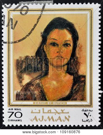 AJMAN - CIRCA 1970 A stamp printed in Ajman shows Kathy by Alexander Rutsch circa 1970