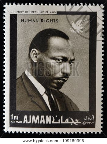 AJMAN - CIRCA 1974: Stamp printed in Ajman in memory of Martin Luther King Human Rights circa 1974