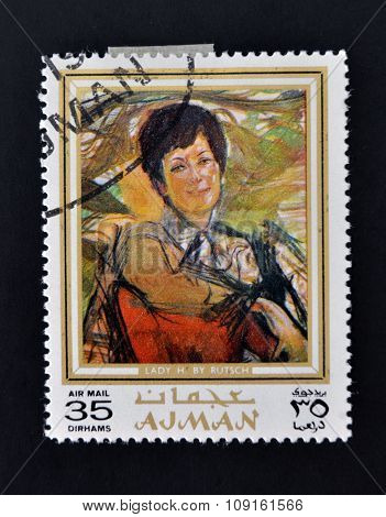 AJMAN - CIRCA 1970 A stamp printed in Ajman shows Lady portrait by Alexander Rutsch circa 1970