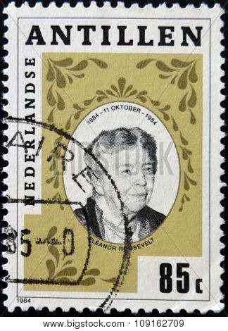 NETHERLANDS ANTILLES - CIRCA 1984: A stamp printed in Netherlands Antilles shows Eleanor Roosevelt