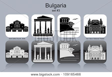 Landmarks of Bulgaria. Set of monochrome icons. Editable vector illustration.