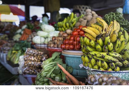 Open Air Fruit Market In The Village In Bali, Indonesia.