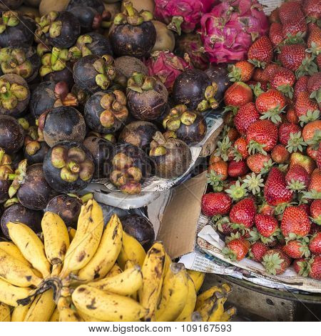 Open Air Fruit Market In The Village In Bali, Indonesia.