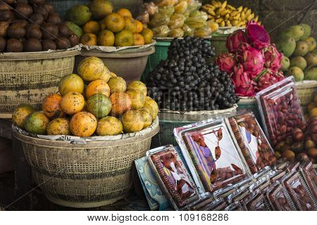 Open Air Fruit Market In The Village In Bali, Indonesia.