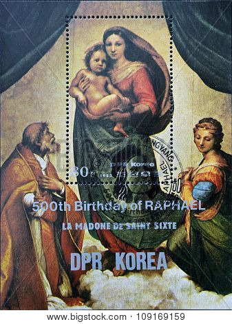 DPR KOREA - CIRCA 1983: A stamp printed in North Korea shows Sistine Madonna Painting by Raphael