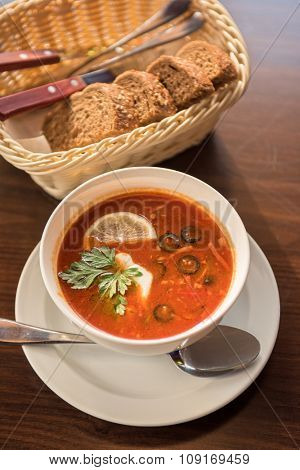 Traditional russian soljanka or saltwort soup