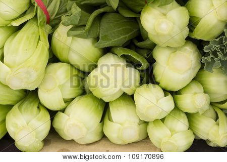 Bunches Of Fresh Organic Bok Choy In Pile At Local Farmers Market