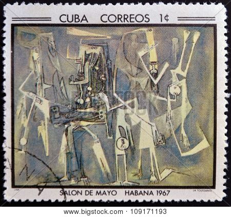 Stamp printed in Cuba commemorative to May Salon 1967 shows La Toussainte by Wilfredo Lam
