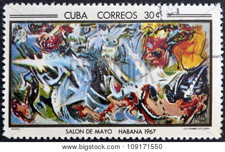CUBA - CIRCA 1968: Stamp printed in Cuba commemorative to May Salon 1967 shows Warriors by E. Pignon