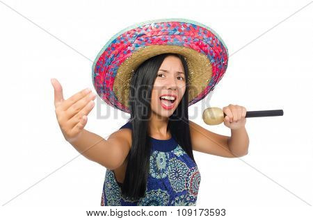 Young attractive woman wearing sombrero on white