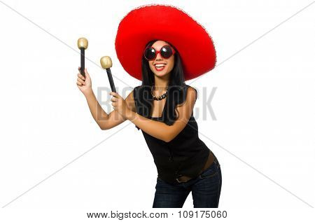 Young attractive woman wearing sombrero on white
