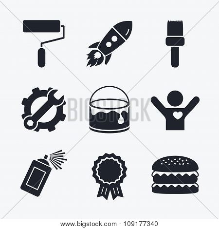 Painting roller, brush icon. Spray and Paint can