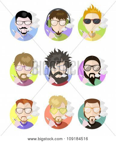 Set Avatars Profile Flat Men Vaping E-cigarette, Different Characters