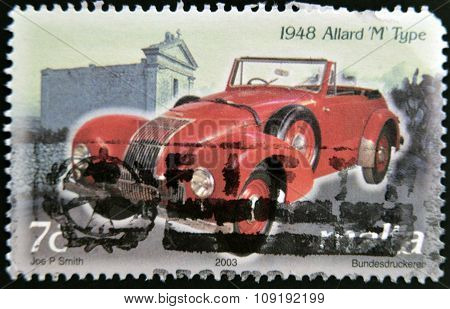 MALTA - CIRCA 2003: A stamp printed in Malta shows a car 1948 Allard M Type circa 2003