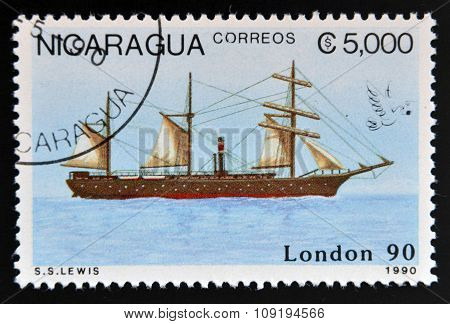 NICARAGUA - CIRCA 1990: A stamp printed in Nicaragua shows Ship circa 1990