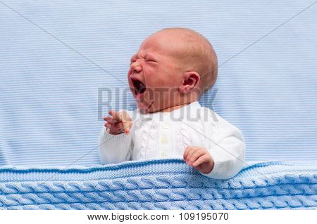 Newborn Baby Boy On A Blue Blanket