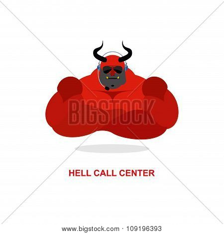 Hell Call Center. Satan With Headset. Devil Responds To Phone Calls. Customer Feedback For Purgatory
