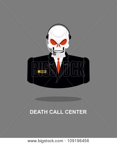 Death Call Center. Skull With  Headset. Skeleton In Suit Responds To Phone Calls. Office Skeleton Mi