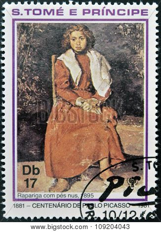A stamp printed in sao Tome shows The barefoot girl by Pablo Picasso