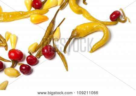 Mix Of Hot Marinated Peppers Isolated On White Background
