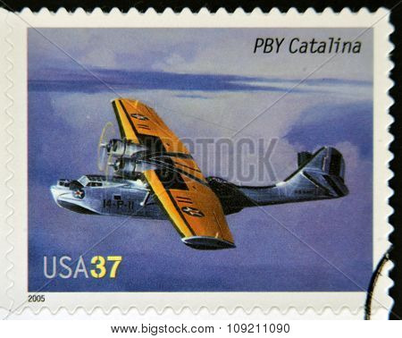 A stamp printed in USA dedicated to advances in aviation shows Consolidated PBY Catalina
