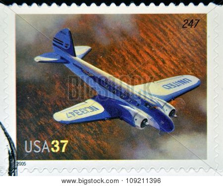 A stamp printed in USA dedicated to advances in aviation shows Boeing 247