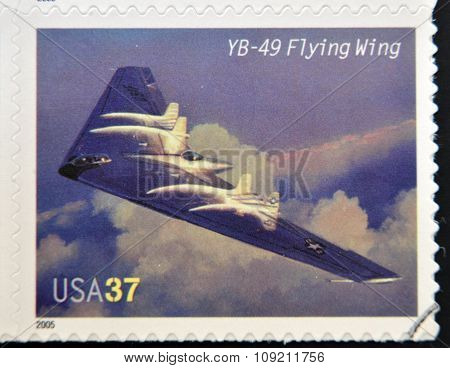 A stamp printed in USA dedicated to advances in aviation shows Northrop YB-49 Flying Wing