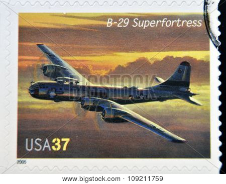 A stamp printed in USA dedicated to advances in aviation shows Boeing B-29 Superfortress