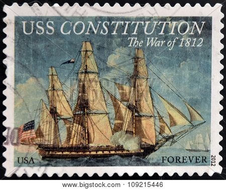 A stamp printed in USA dedicated to USS Constitution the war of 1812 circa 2012
