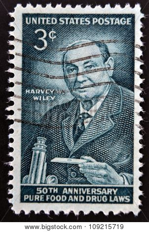 stamp printed in USA shows a portrait of Harvey Washington Wiley circa 1956