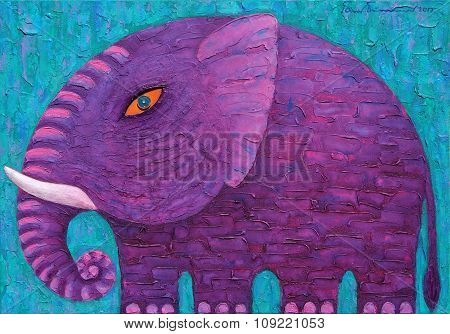 Purple Elephant In Green Background.
