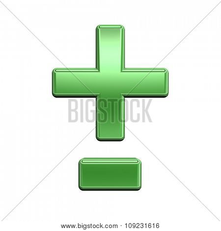 Hyphen, minus, plus marks from shiny green alphabet set, isolated on white. Computer generated 3D photo rendering.