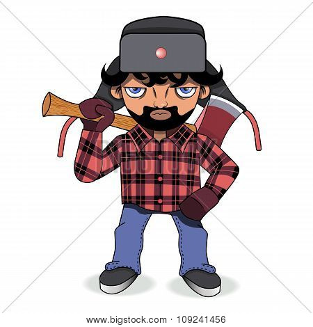 Bearded Lumberjack With An Axe On His Shoulder.