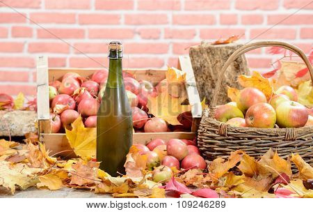 A Bottle Of Normandy Cider, With Many Apples