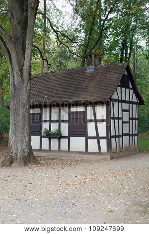 Half timbered house in forest
