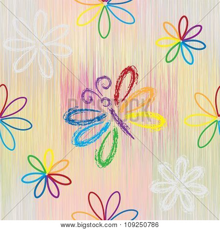 Seamless pattern with rainbow cartoon butterfy and flowers on striped background in pastel colors