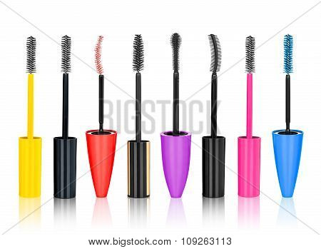 A Collection Of Multicolored Brushes For Mascara On Isolated White Background