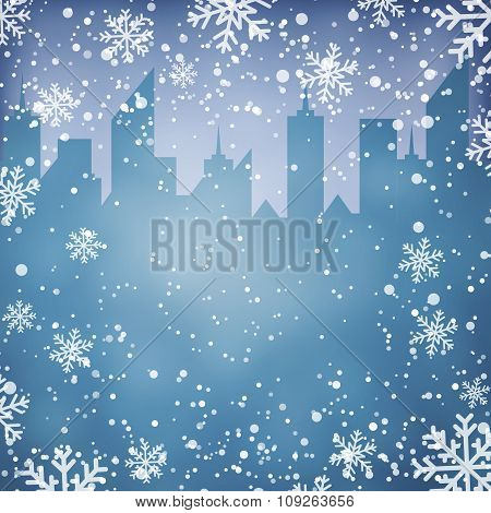 Winter background with city scape silhouette
