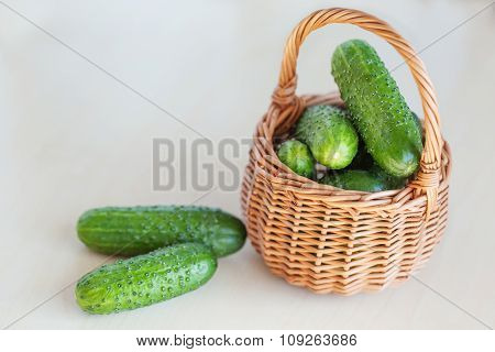 Fresh Cucumbers In A Basket On The Wooden Background