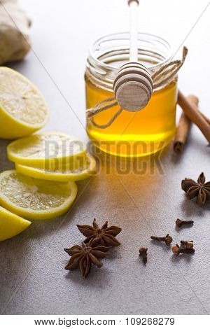 Jar of honey with spices