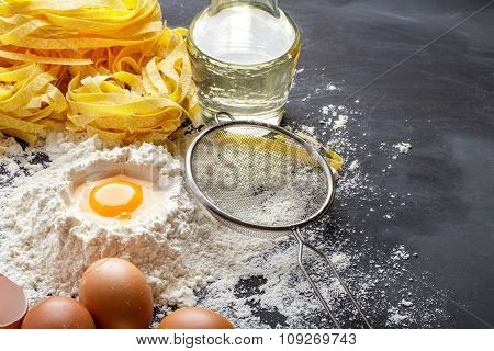 Raw Homemade Fettucine, Yolk, Egg, Flour, Oil And Steiner
