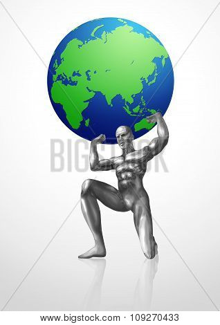 A chrome man lifting up the Globes