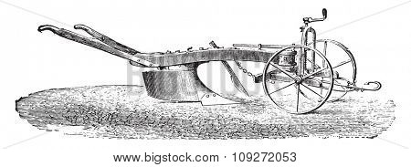 Dombasle plow with his limber, vintage engraved illustration. Industrial encyclopedia E.-O. Lami - 1875.