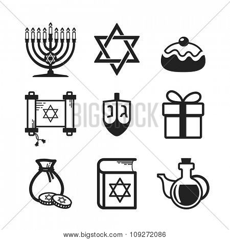 Jewish Holiday Hanukkah icons set, black and white linear elements