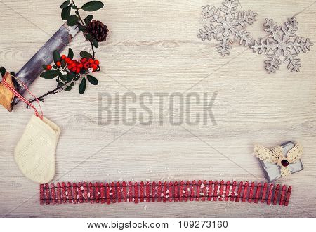 Christmas background on wooden table and copy space